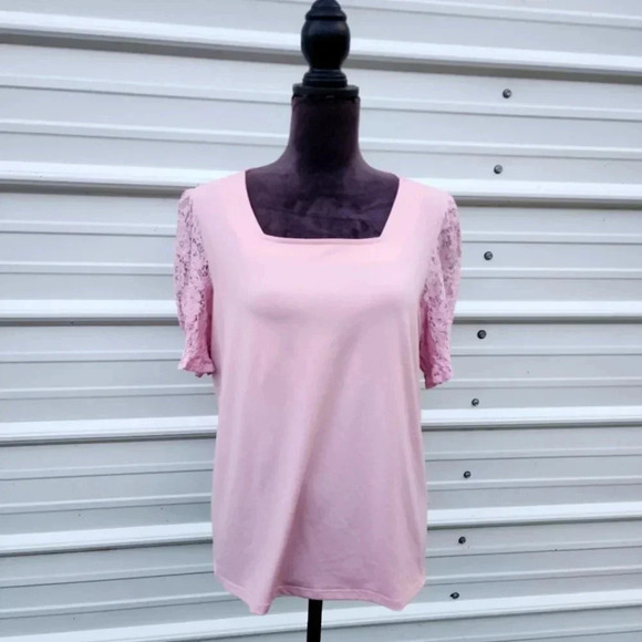 Adrianna Papell Pink Pullover Lace Short Sleeves Stretch Square Neck Top Shirt L - Picture 1 of 9
